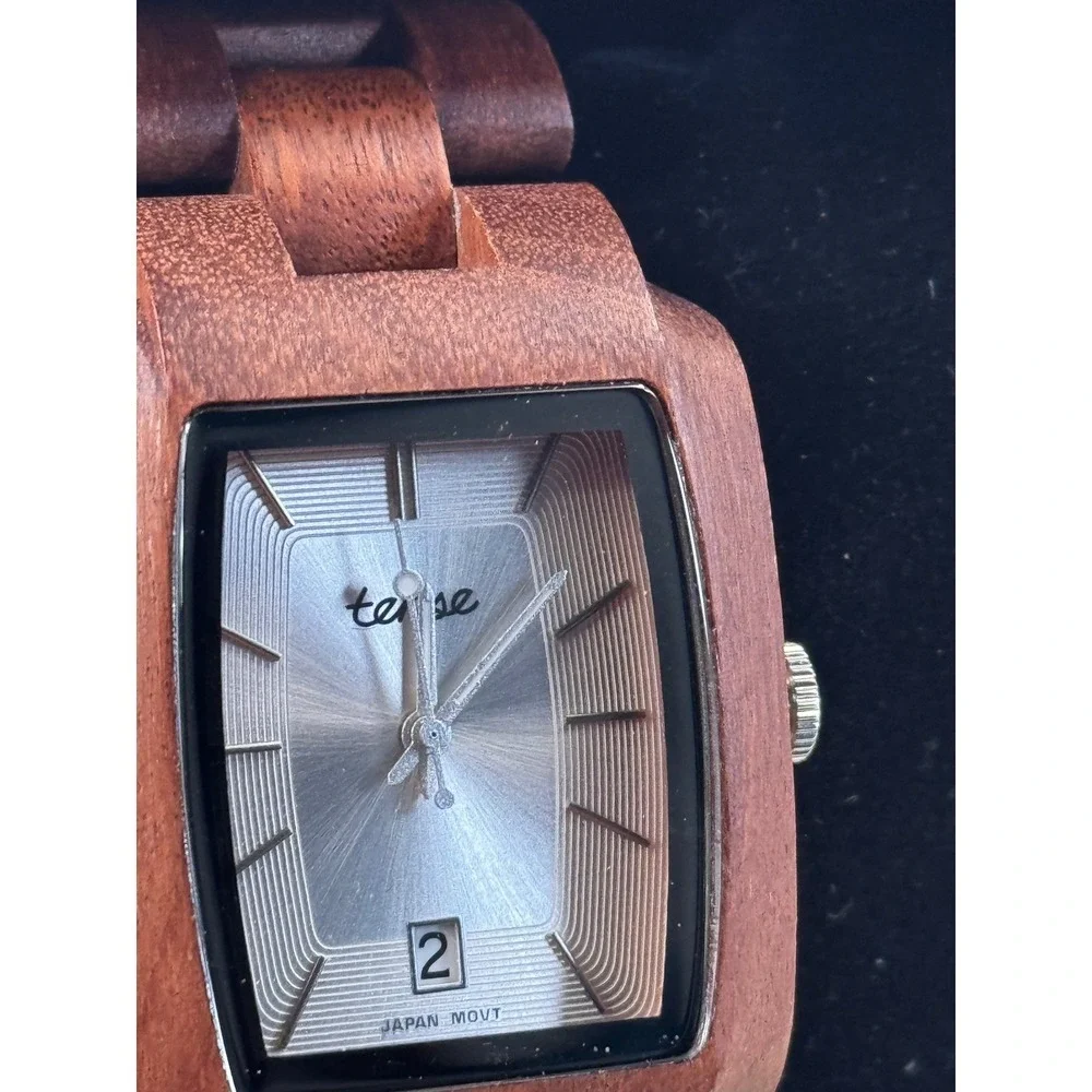 Tense Wood Watch Rectangular Face Silver Dial Date‎ Window Japan Movt